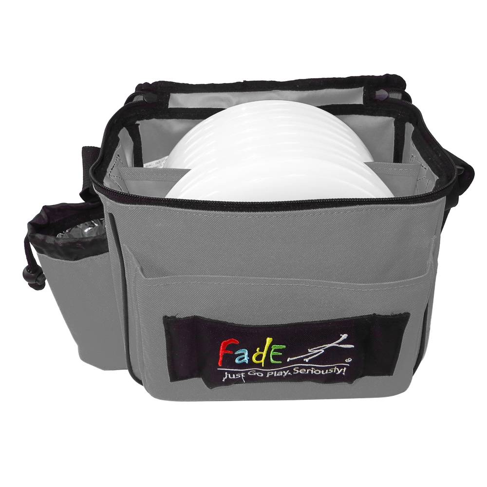 Light gray Fade Gear Lite Disc Golf Bag by Lightning Golf Discs with multiple compartments and adjustable straps.