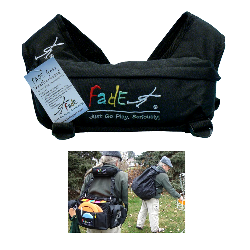 Black Fade Gear WeatherGuard suspenders strap for disc golf bag by Lightning Golf Discs, adjustable and padded for comfort.