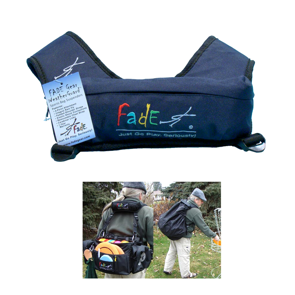 Lightning Golf Discs Fade Gear WeatherGuard suspenders for disc golf bag, blue backpack strap with adjustable harness.
