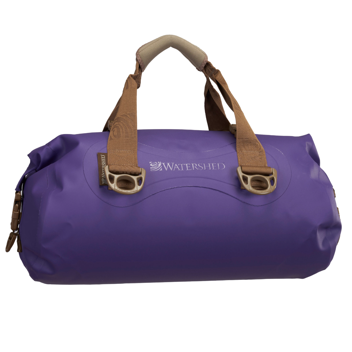 Purple duffel bag with brown handles and straps on a white background