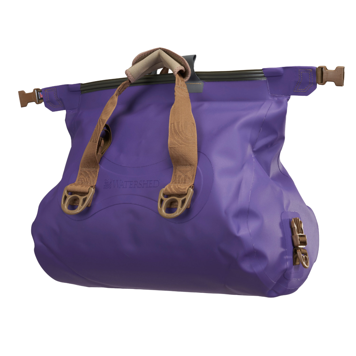 A purple waterproof bike bag with tan straps and hardware, shown on a plain white background.
