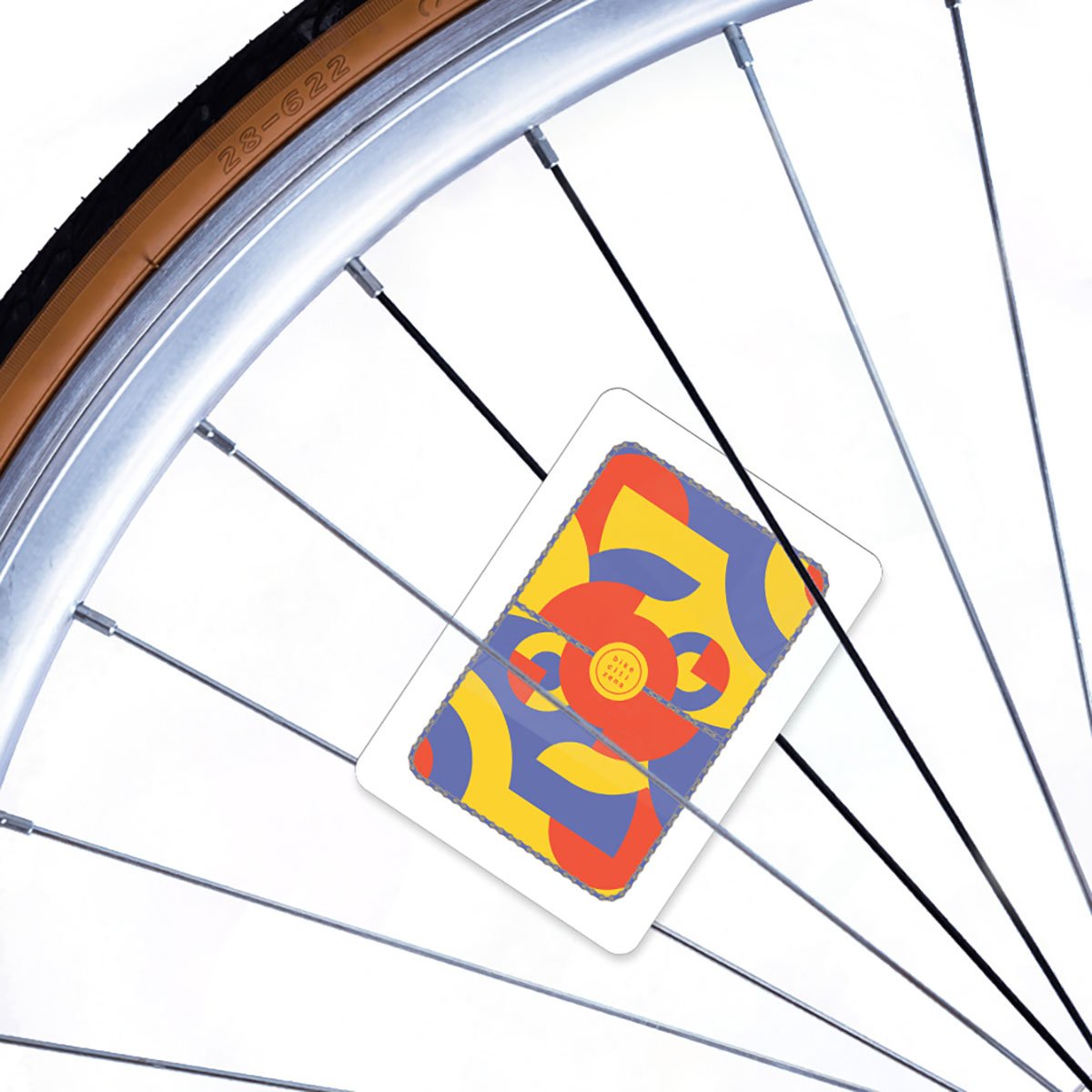Set of four ZEITBIKE Bike Citizens reflective spoke cards from the Bauhaus series, featuring geometric designs on a bicycle wheel.
