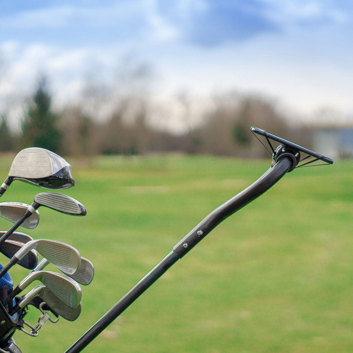 ZEITBIKE FINN universal golf phone mount holder attached to a golf cart for hands-free phone use.