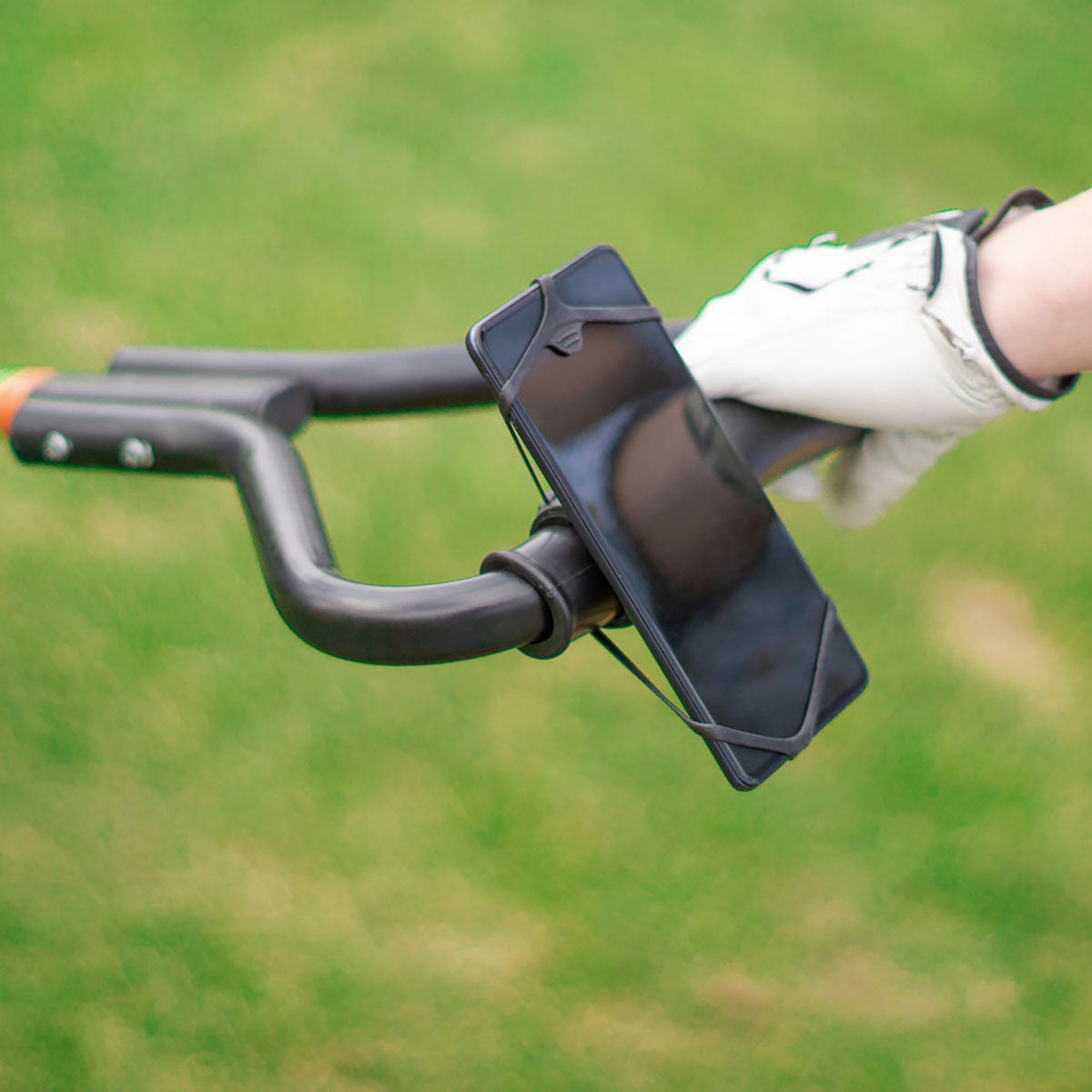 ZEITBIKE FINN universal golf phone mount holder attached to a golf cart for secure device holding during play