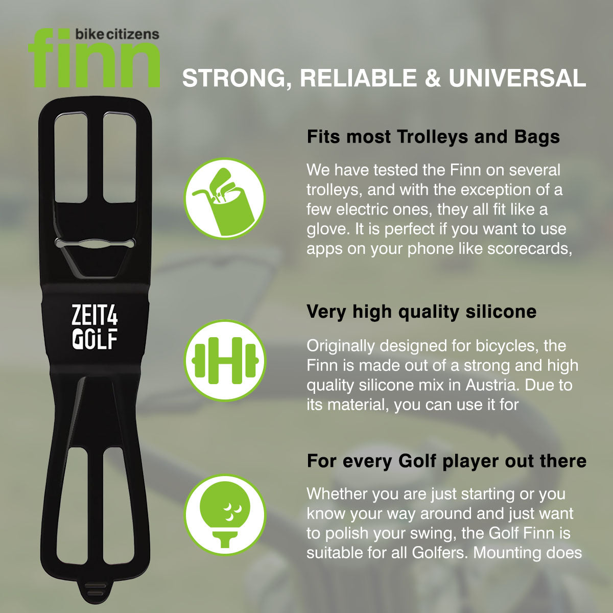 ZEITBIKE FINN universal golf phone mount attached to a golf cart, securing a smartphone for hands-free use during play