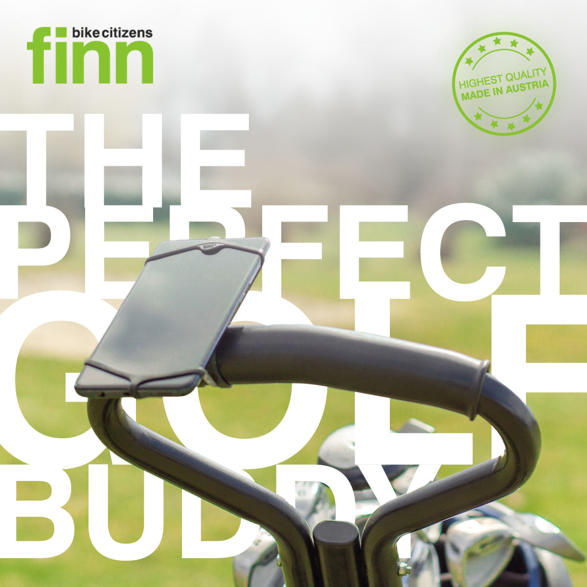 ZEITBIKE FINN universal phone mount attached to golf cart, adjustable phone holder for easy access during golf games.