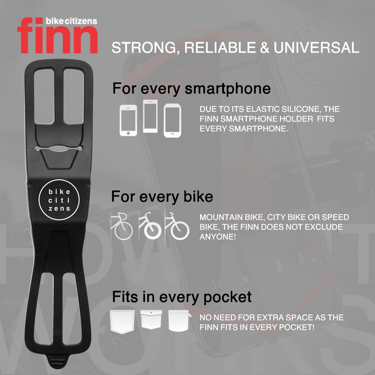 Red ZEITBIKE FINN universal bicycle phone mount attached to a bike handlebar, securely holding a smartphone during a ride.