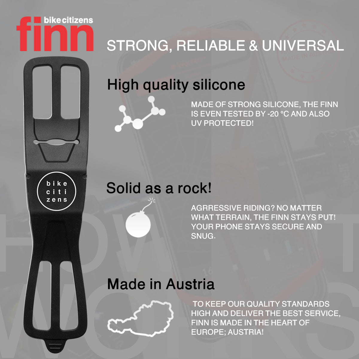 ZEITBIKE FINN universal bicycle phone mount in red attached to a bike handlebar, securely holding a smartphone during a ride.