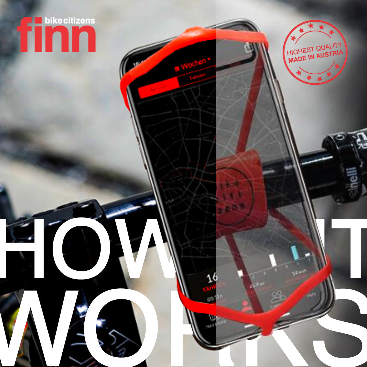 Red ZEITBIKE FINN universal bicycle phone mount securely holds smartphones during cycling rides.