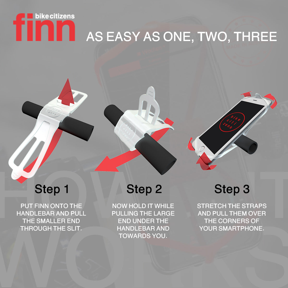 ZEITBIKE FINN universal bicycle phone mount in red, securely holding a smartphone on a bicycle handlebar.