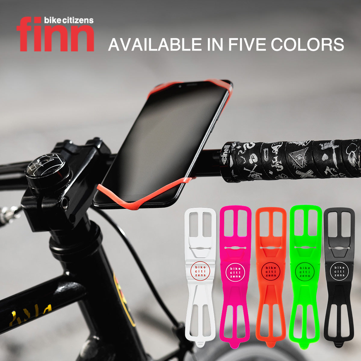 ZEITBIKE FINN universal bicycle phone mount in red attached to a bike handlebar, holding a smartphone securely during a ride.