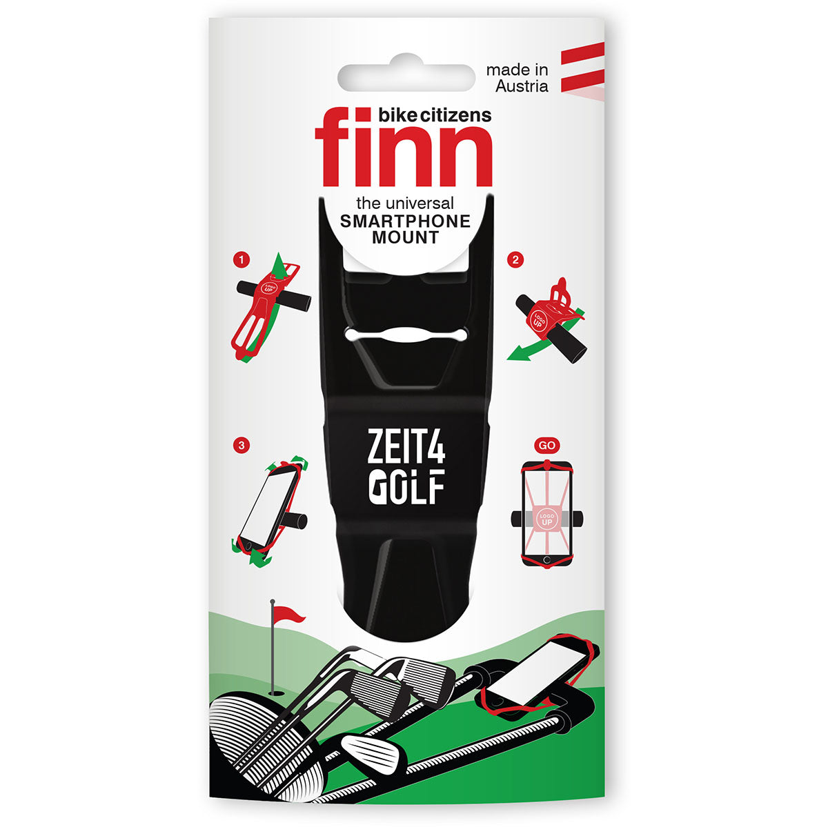 ZEITBIKE FINN universal phone mount for golf, securely holding smartphones during outdoor activities with adjustable grip.