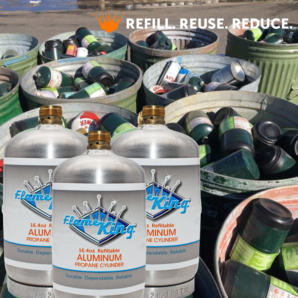 Flame King 1lb aluminum refillable propane tank, eco-friendly design with a sturdy, lightweight build.