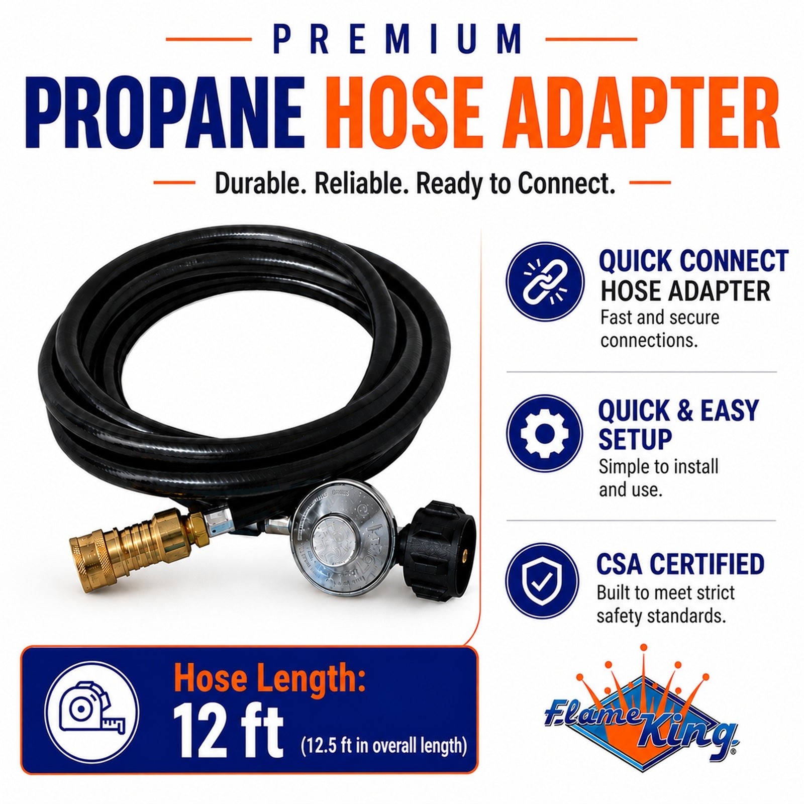 12FT QCC/Type 1 Regulator Hose with 1/4 Quick-Connect Adapter for Flame King Heaters and Buddy Mr Heaters