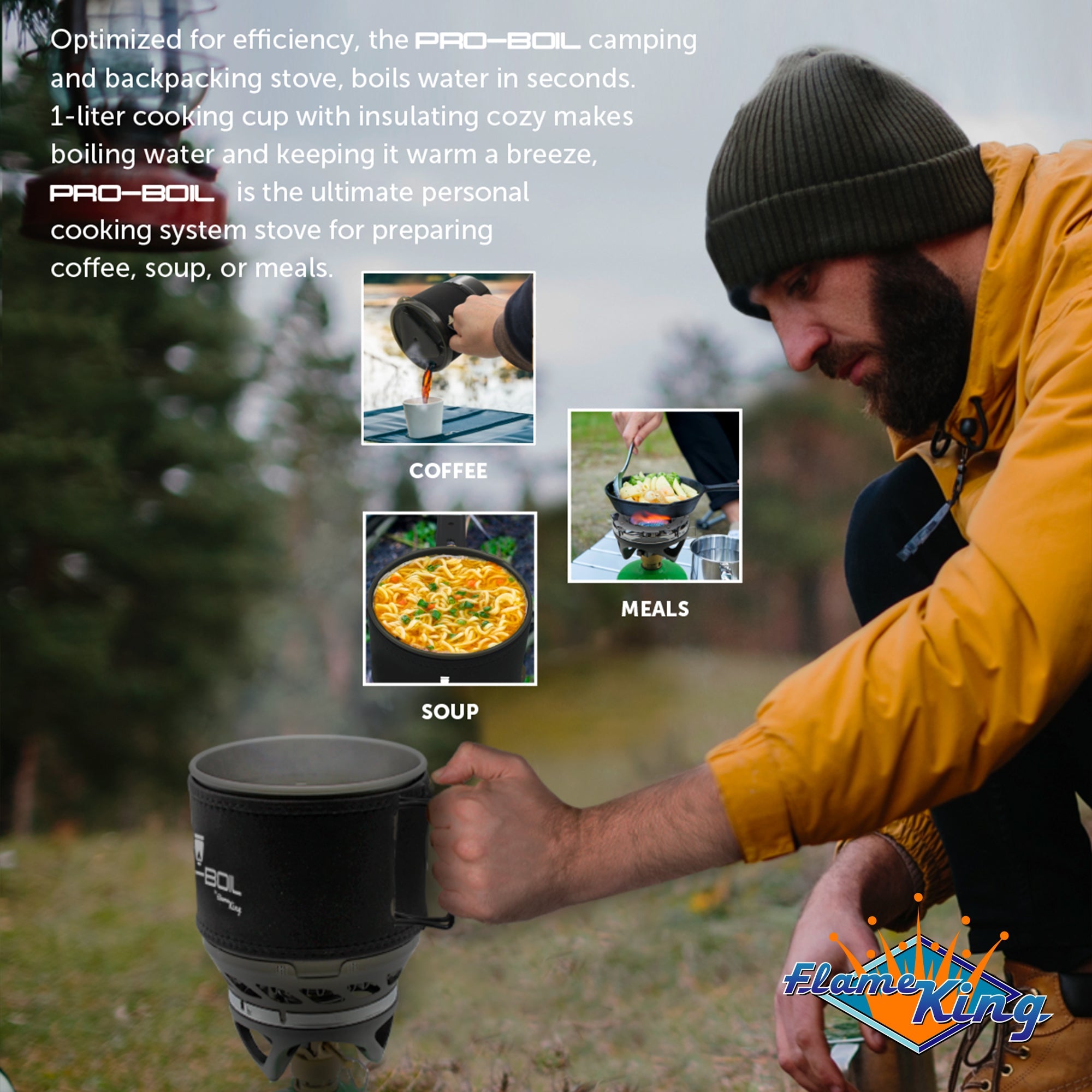Flame King Pro-Boil camping stove and cooking system with compact design for backpacking, featuring burners and fuel canister.