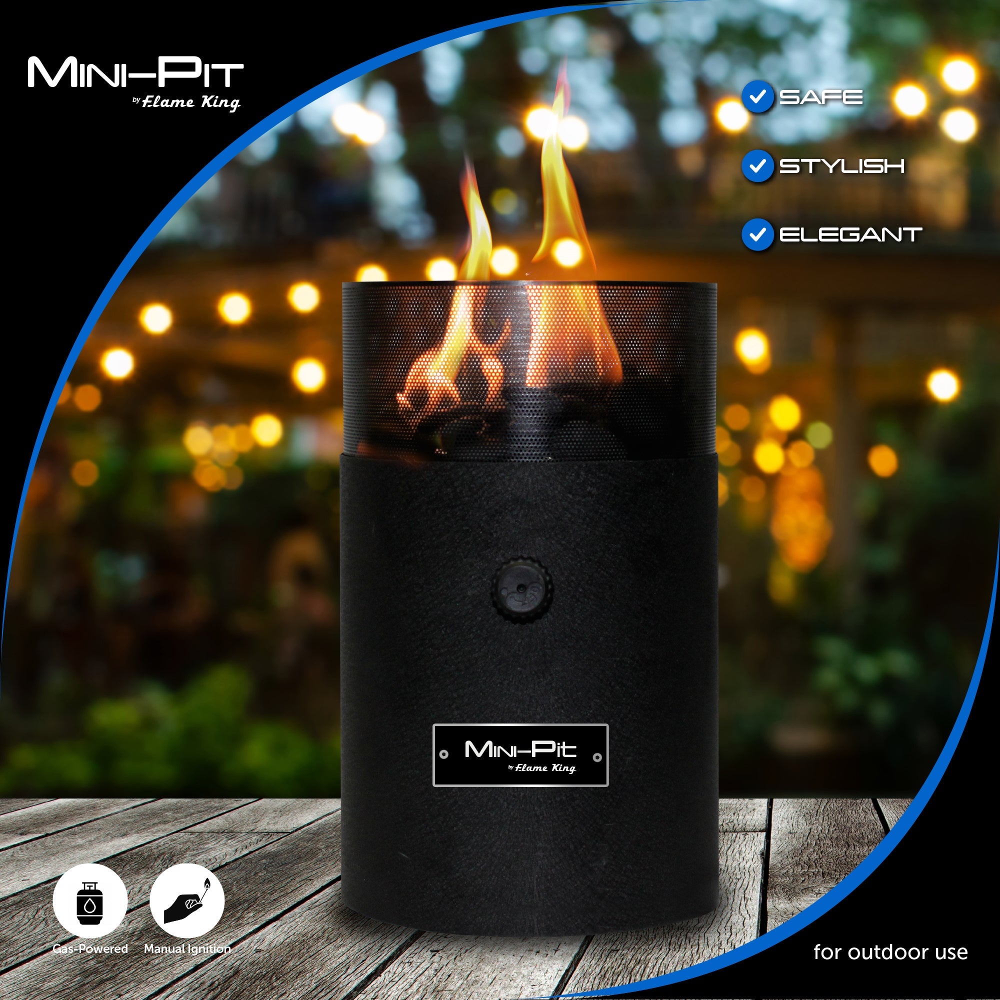 Portable Flame King smokeless mini tabletop fire pit for camping, dual fuel propane and butane, compact and easy to use.