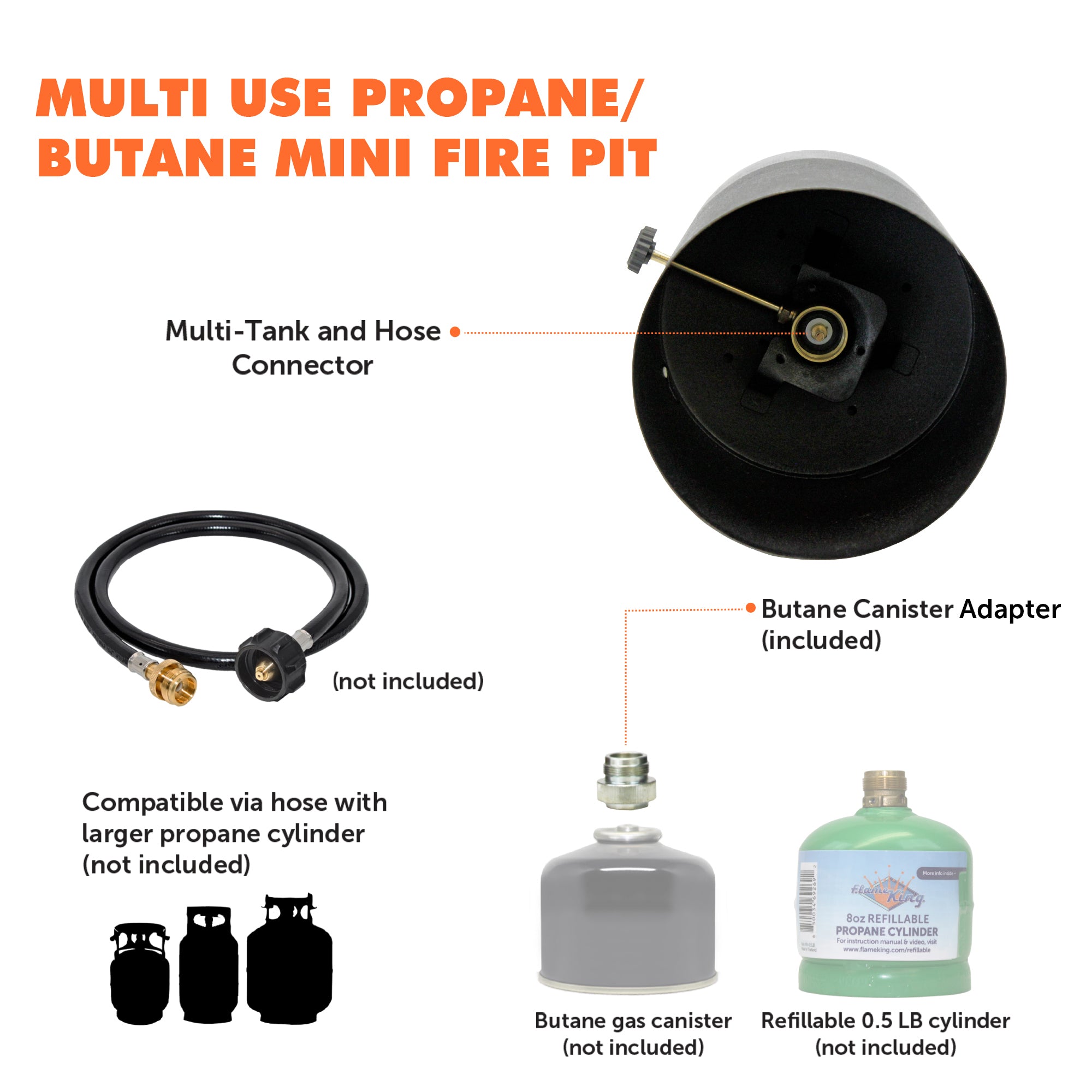 Portable Flame King smokeless tabletop fire pit for camping, dual fuel propane and butane, compact and easy to use.