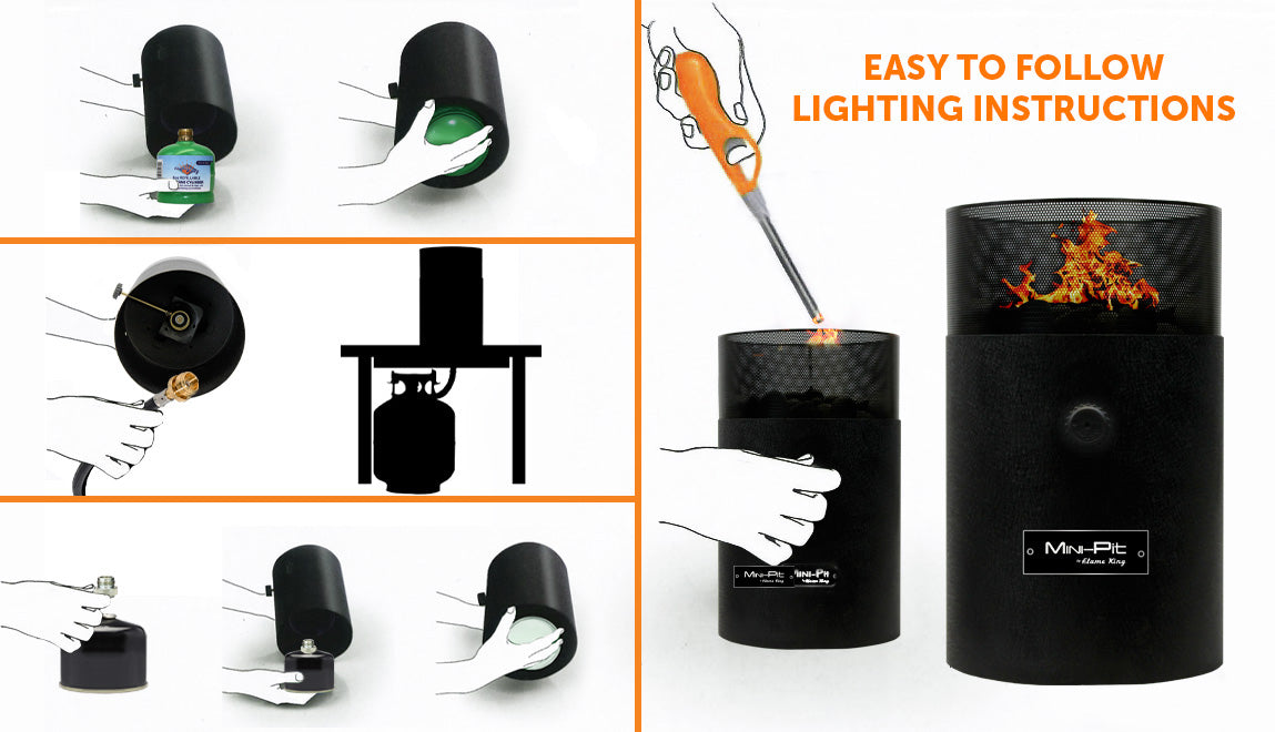 Portable Flame King smokeless tabletop fire pit for camping, dual fuel propane and butane, compact and easy to use.