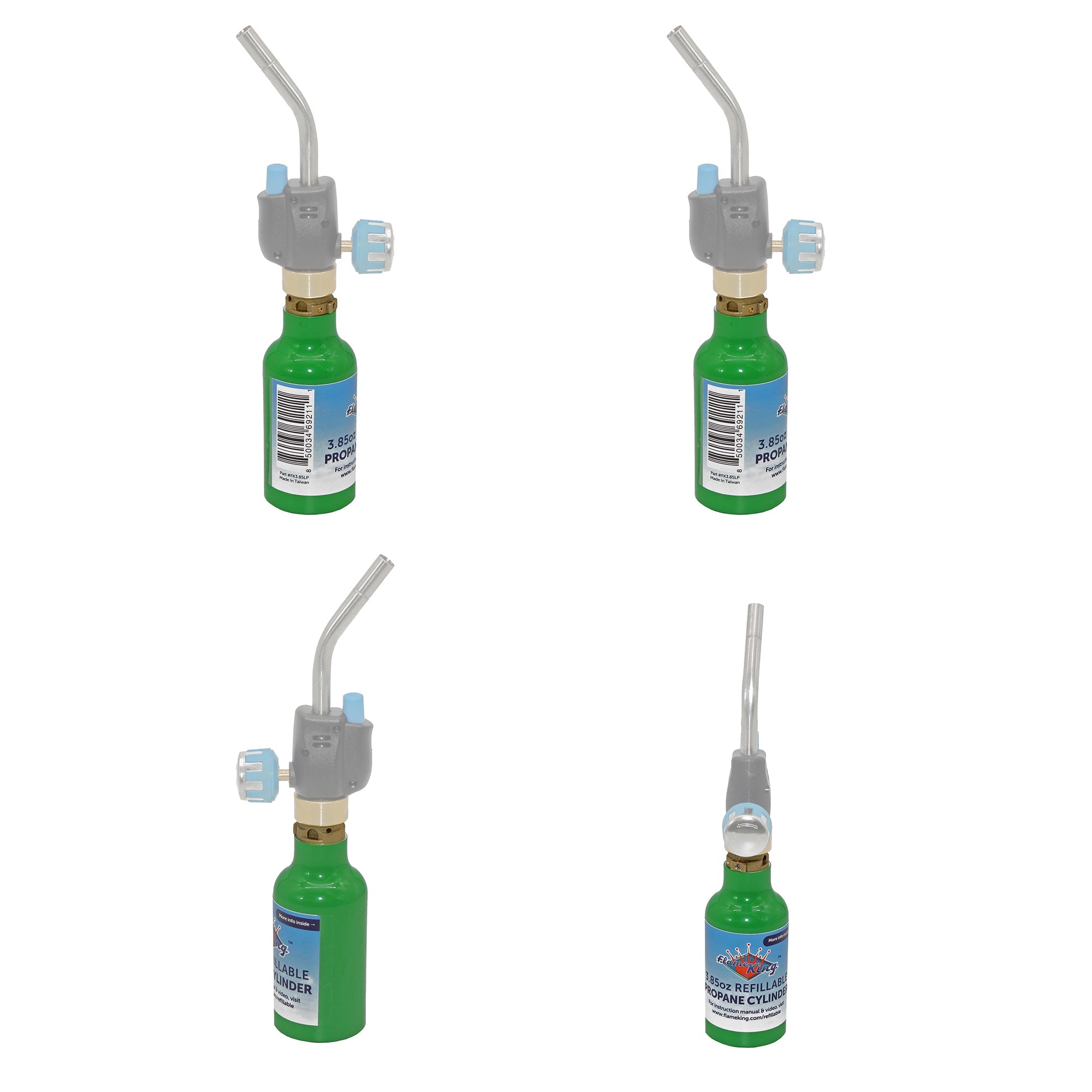 Two Flame King 1/4 lb refillable mini propane tanks, eco-friendly cylinders for outdoor grilling and camping use.