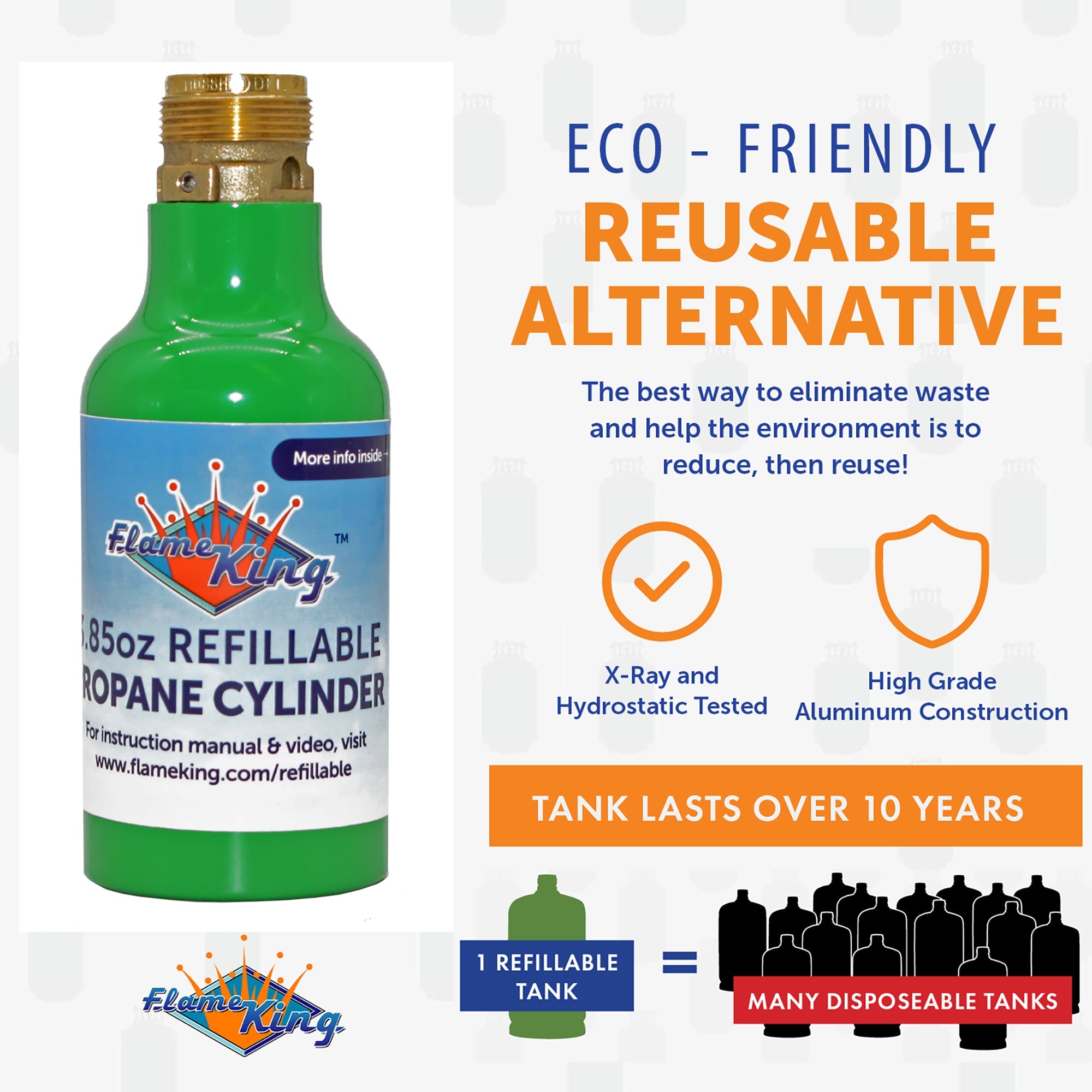 Empty Flame King 1/4 lb refillable mini propane tank, eco-friendly, compact cylinder for portable propane use.