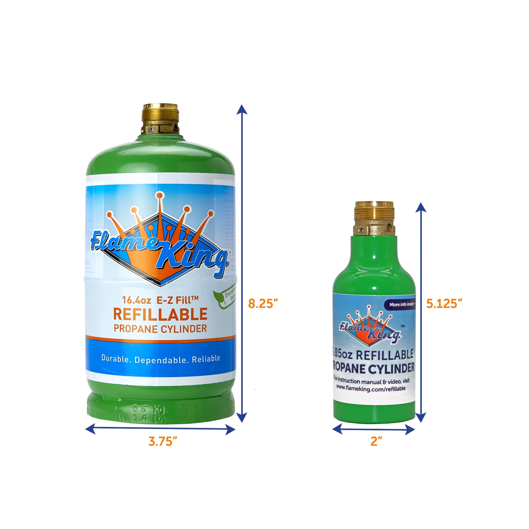 Flame King 2-pack eco-friendly 1/4 lb refillable mini propane tanks, designed for outdoor grilling and camping.