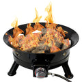 Flame King outdoor portable 24-inch propane fire pit bowl with self-igniter, cover, and carry straps for home and garden use.