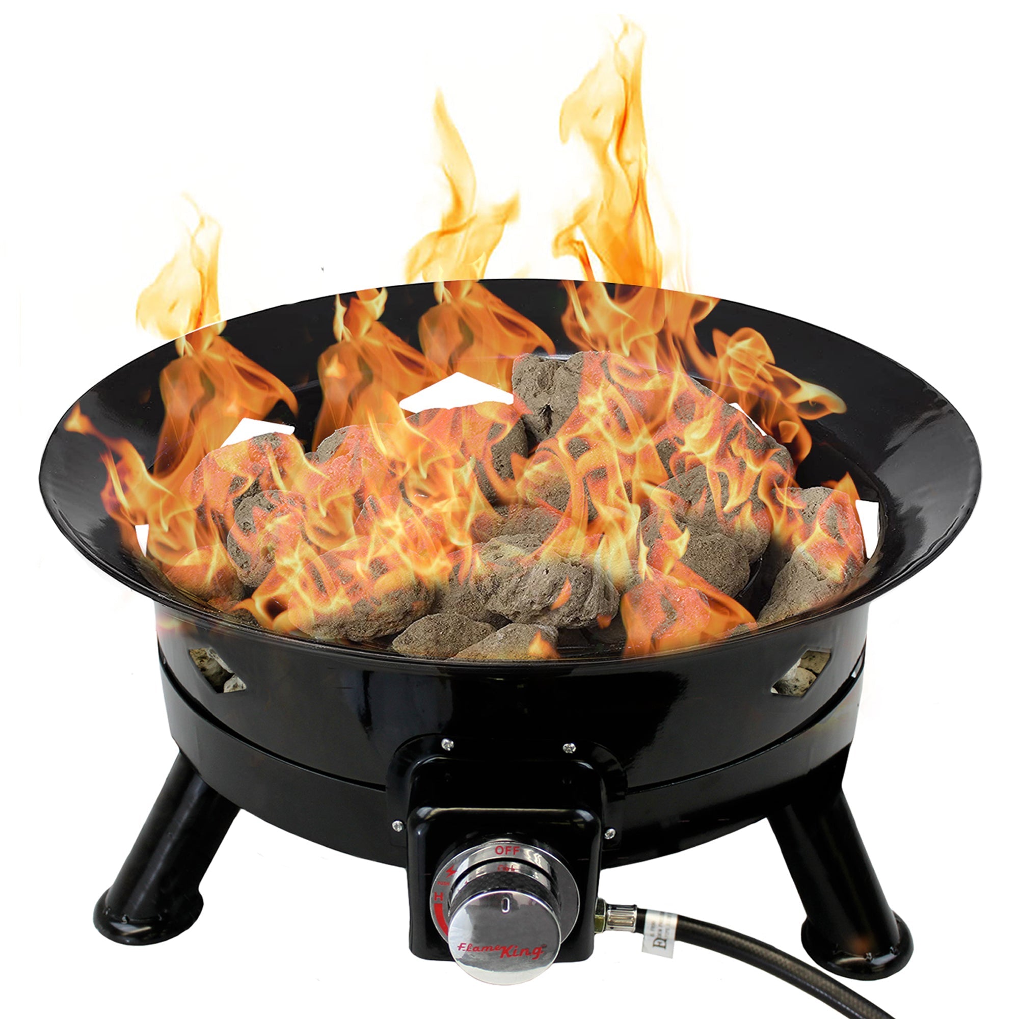 Flame King outdoor portable 24-inch propane fire pit bowl with self-igniter, cover, and carry straps for home and garden use.