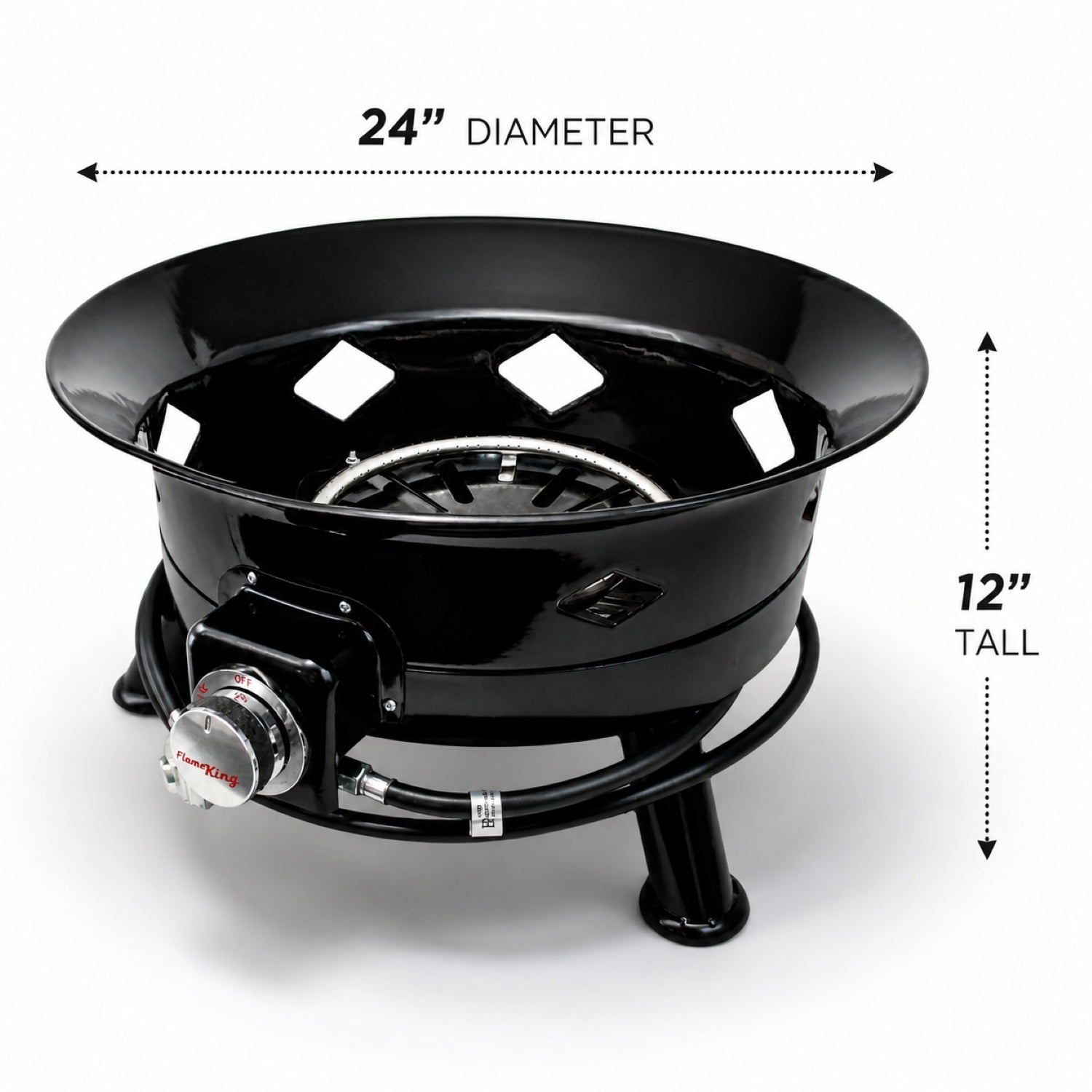 Flame King 24-inch portable propane fire pit bowl with self-igniter, cover, and carry straps for outdoor home and garden use.