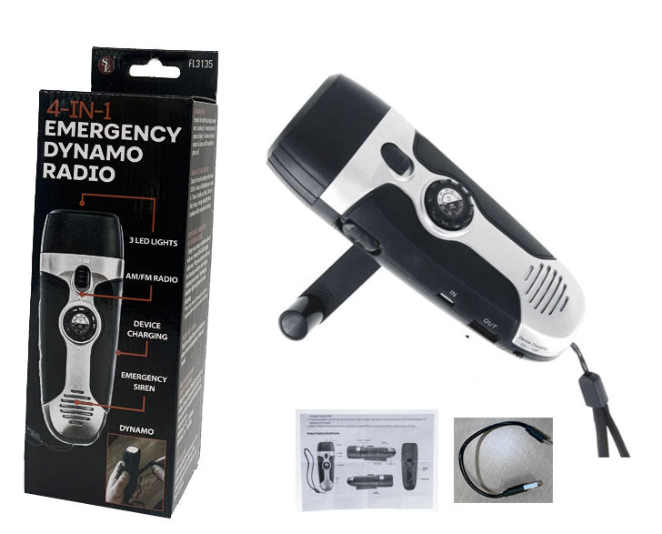 Hand-powered Dynamo Radio Phone Charger with 4-in-1 flashlight for light and communication, ideal for emergency use.