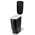 Black 10-gallon narrow kitchen trash can with easy step-on lid from HomePacific, ideal for space-saving waste disposal.