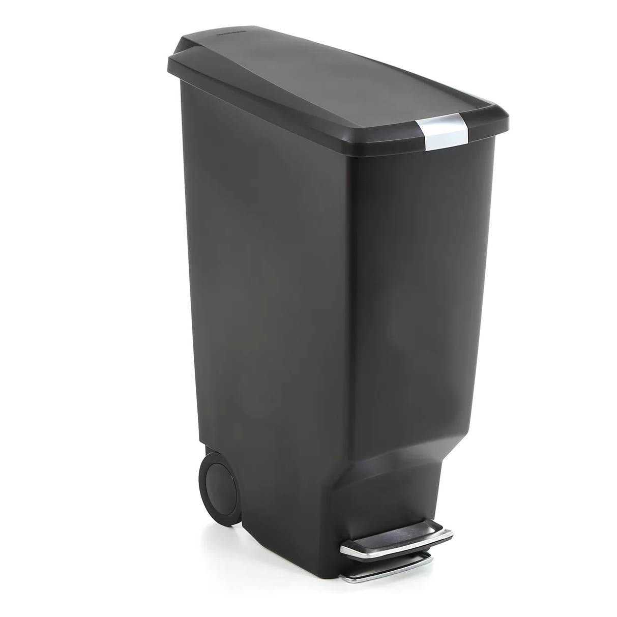 Black 10-gallon narrow kitchen trash can with easy step-on lid by HomePacific, shown with closed lid and sleek design.