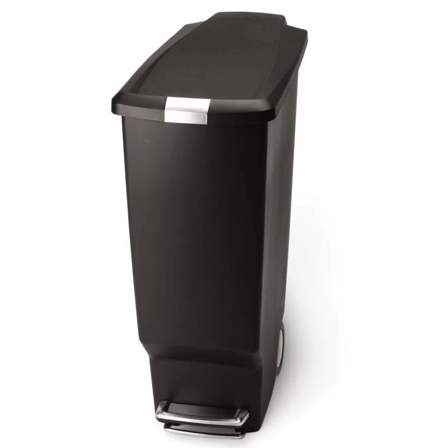 Black 10-gallon narrow kitchen trash can with easy step-on lid by HomePacific, ideal for space-saving waste disposal.