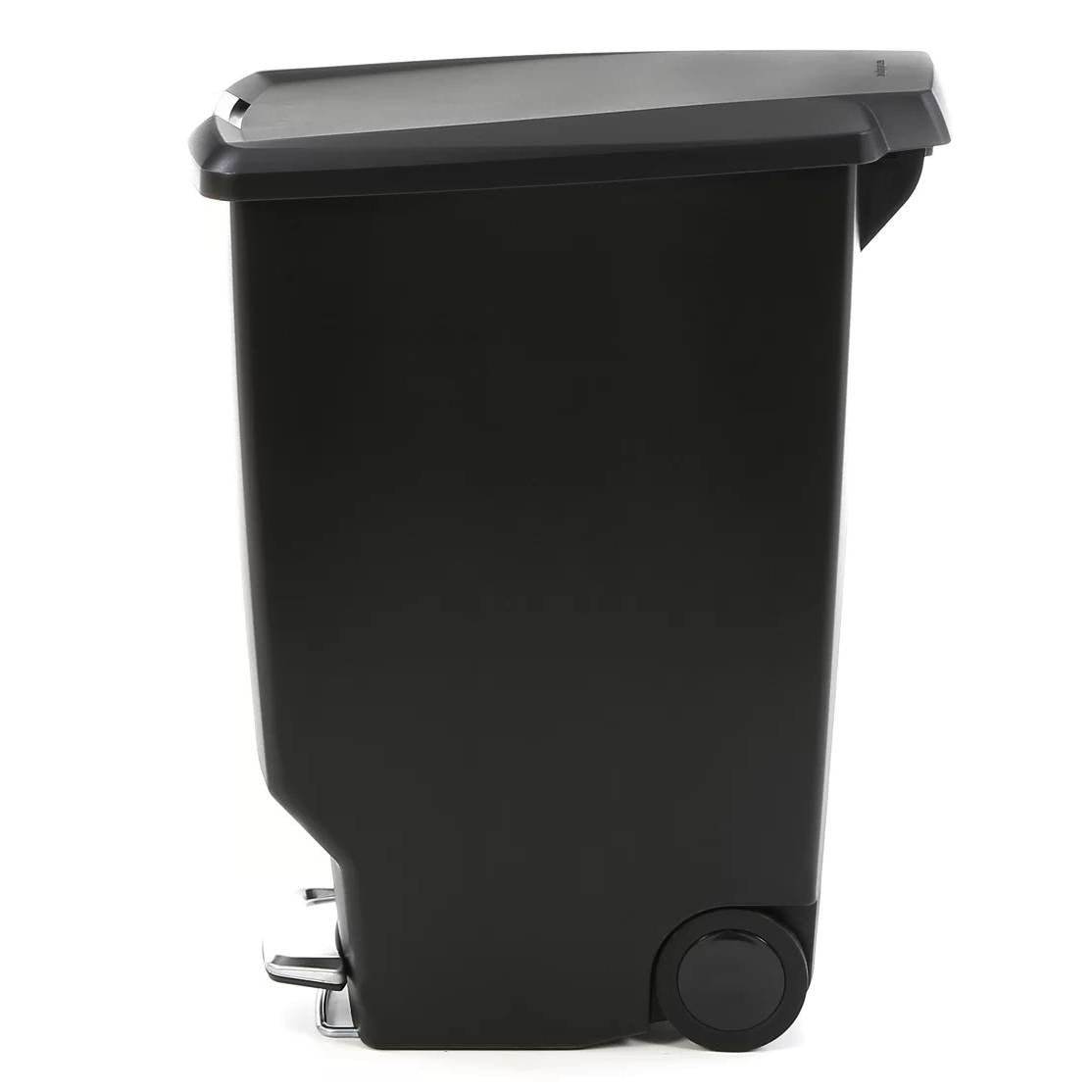 Black 10-gallon narrow kitchen trash can with easy step-on lid by HomePacific, shown next to a countertop and recycling bin.