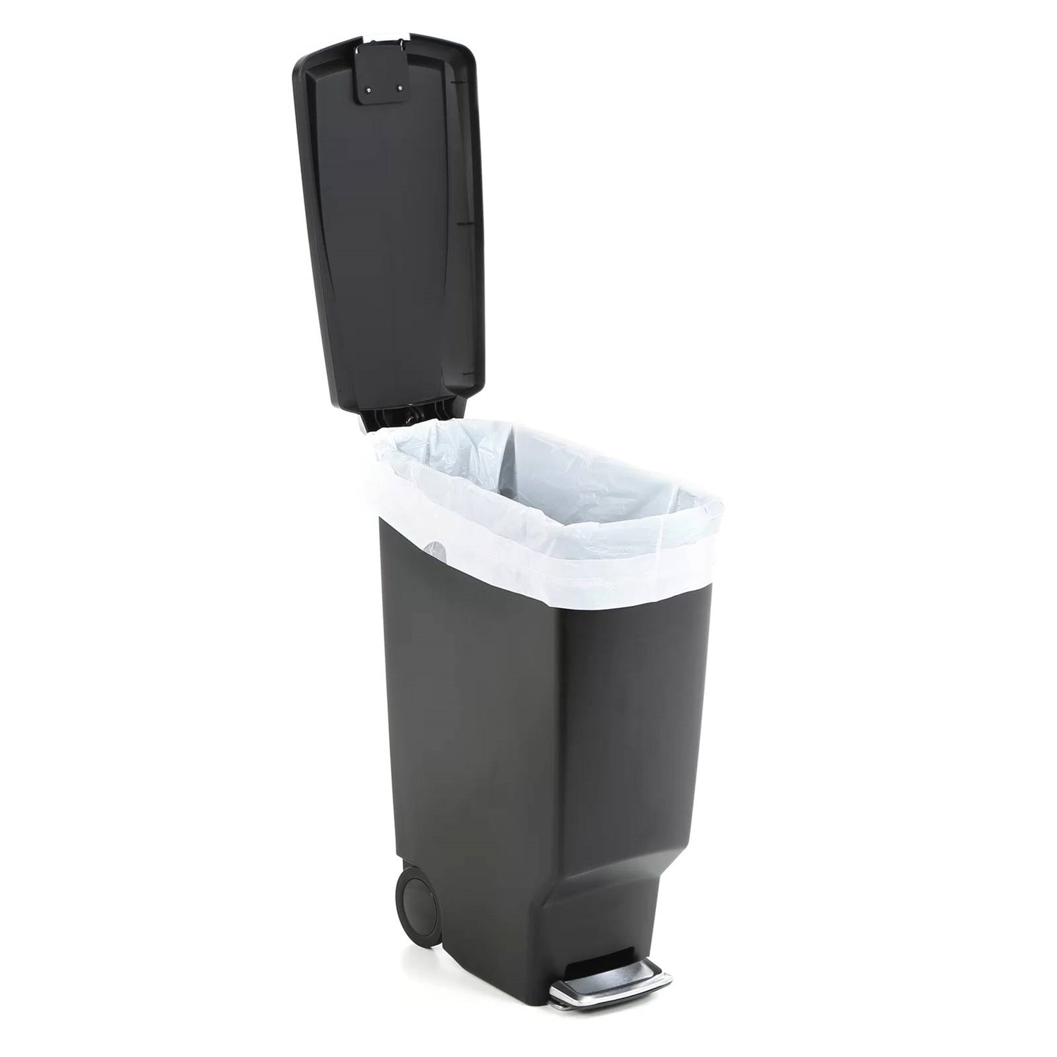 Black 10-gallon narrow kitchen trash can with easy step-on lid by HomePacific, ideal for compact kitchen spaces.