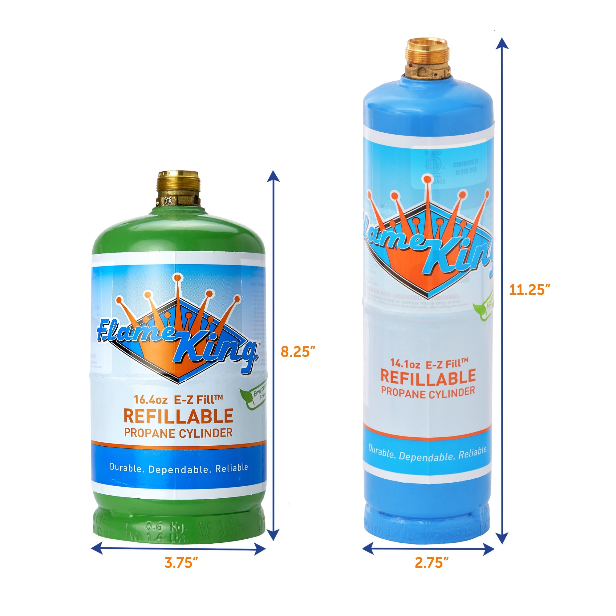 Blue Flame King 1lb refillable propane tank for welding and LP use, eco-friendly and sustainable with a 14.1 oz capacity.