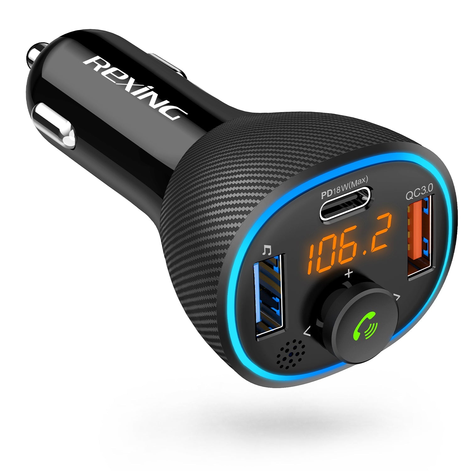 Rexing FM3 FM transmitter car charger with Bluetooth 5.0, featuring dual USB ports and sleek design for easy use.