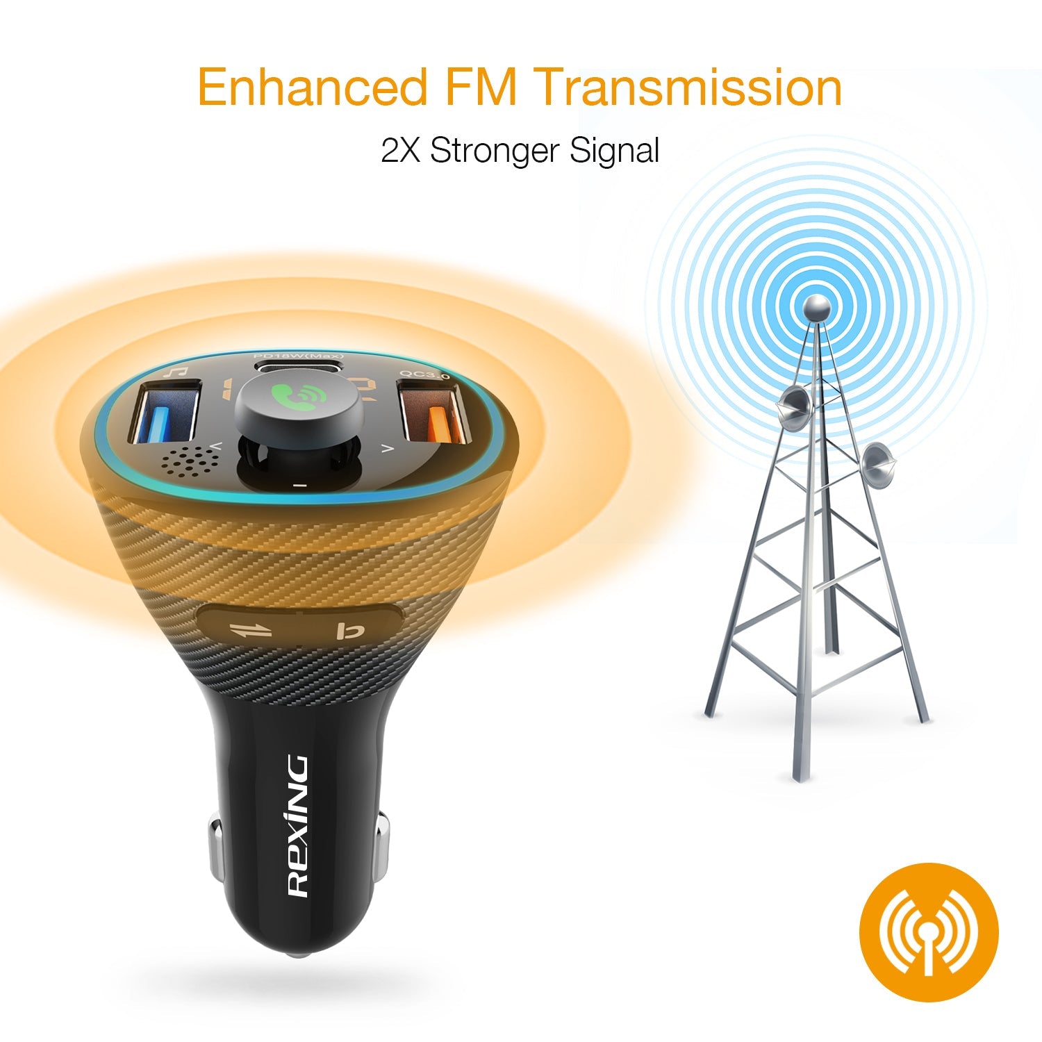Rexing FM3 Bluetooth 5.0 FM transmitter car charger with dual USB ports and sleek design for easy connectivity.