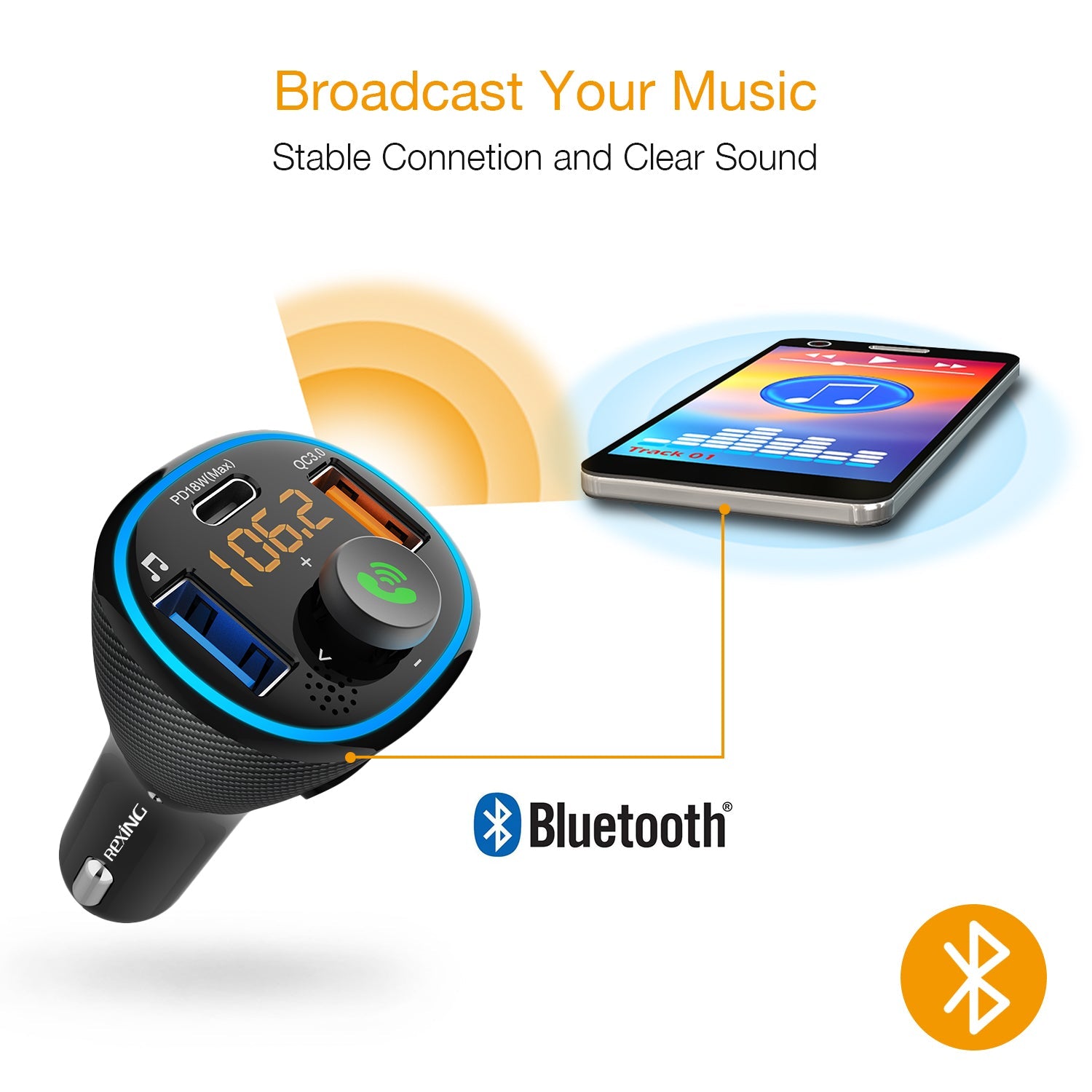 Rexing FM3 Bluetooth 5.0 car charger and FM transmitter with sleek design and dual USB ports for easy connectivity.
