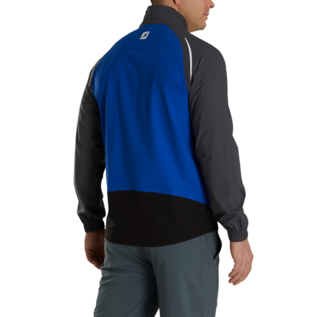 FootJoy DryJoys Select rain jacket, waterproof golf outerwear in black with a full zip and hood, designed for weather protection.