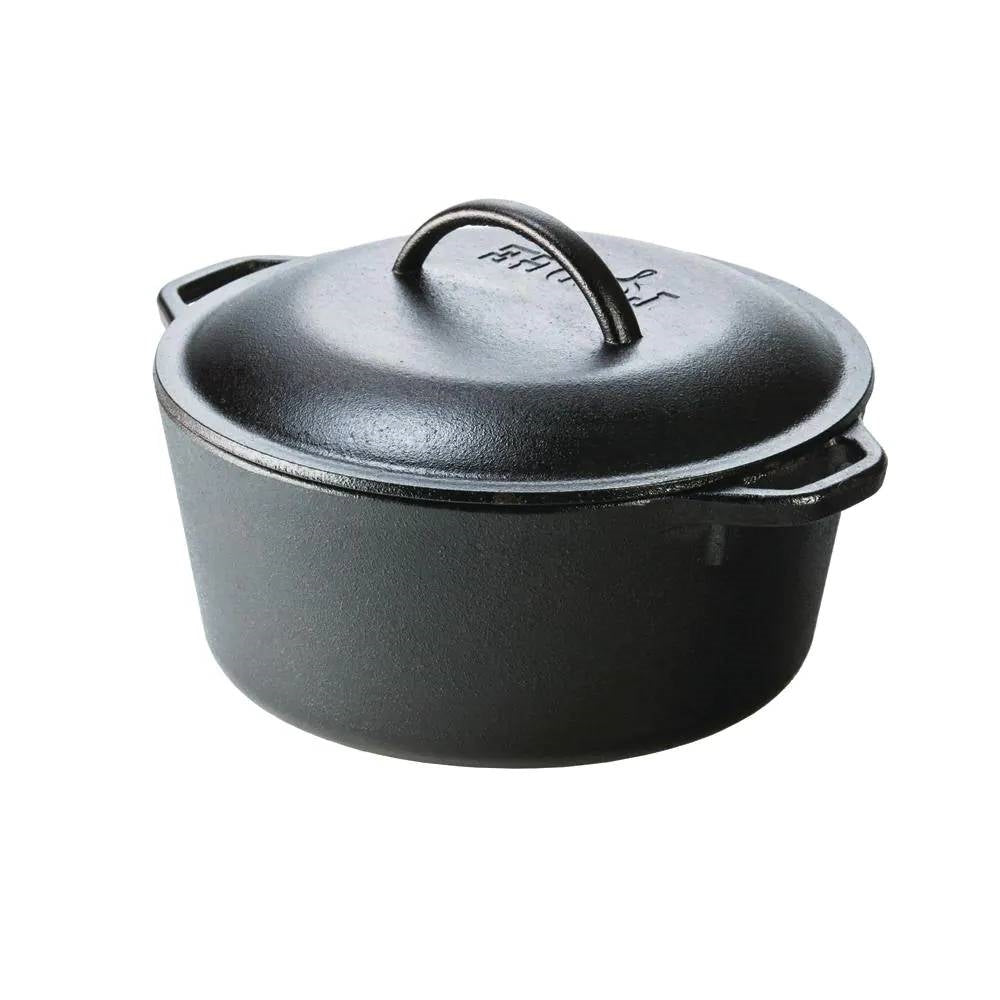 Black 5-quart cast iron Dutch oven with lid for oven, stove, grill, or campfire cooking, by HomePacific.