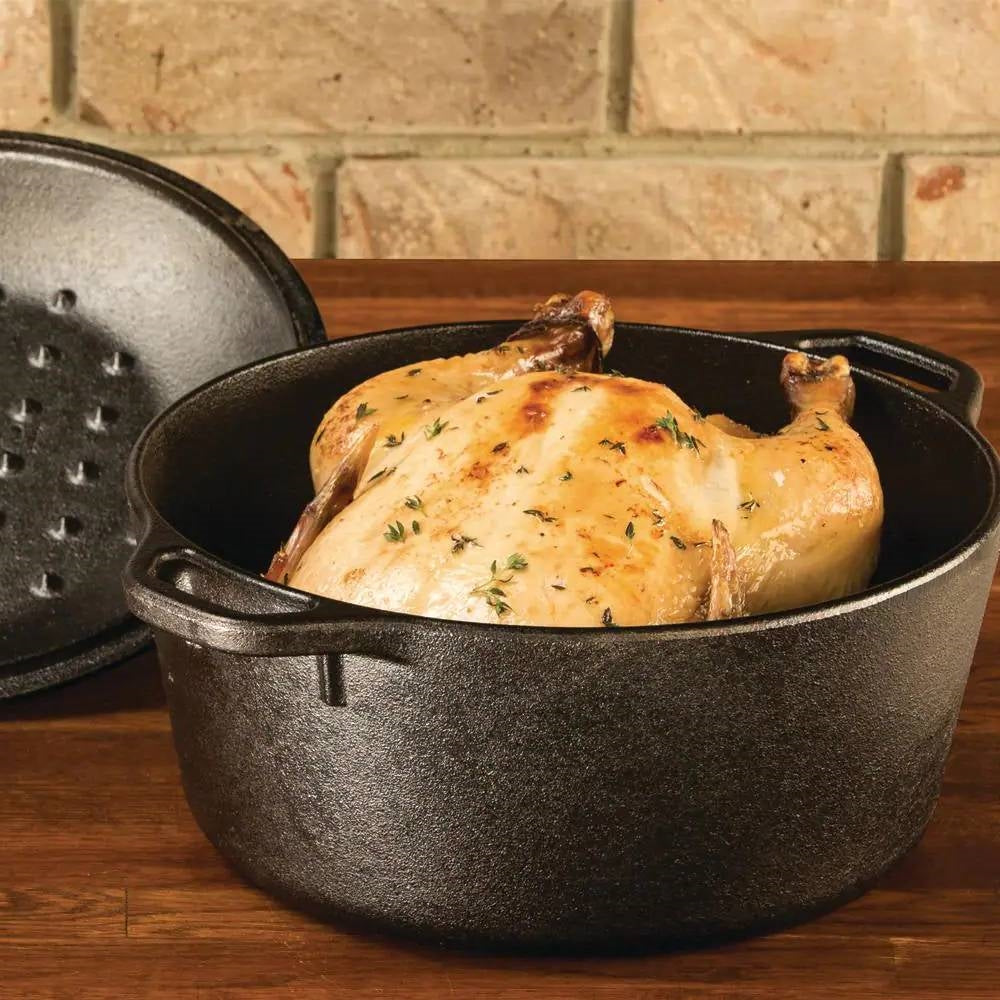 Black 5-quart cast iron Dutch oven with lid for oven, stove, grill, or campfire cooking by HomePacific.