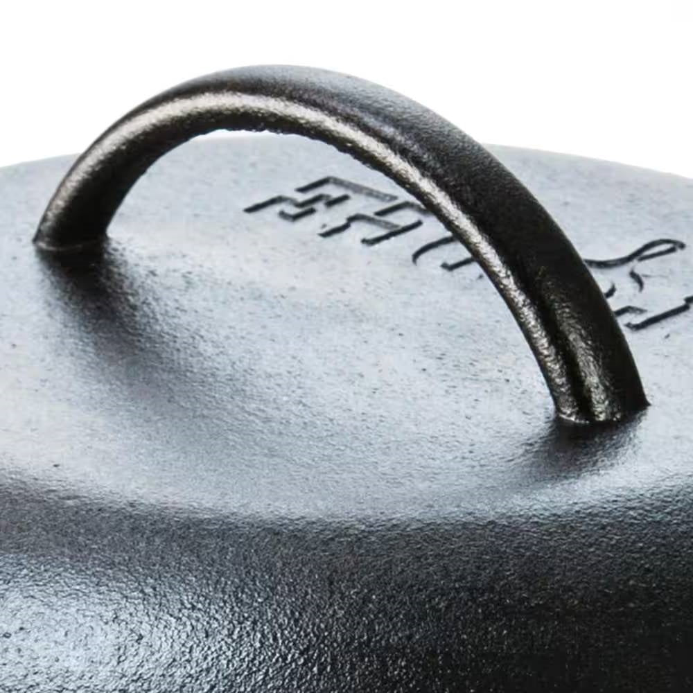 Black 5-quart cast iron Dutch oven with lid, suitable for oven, stove, grill, or campfire cooking by HomePacific.