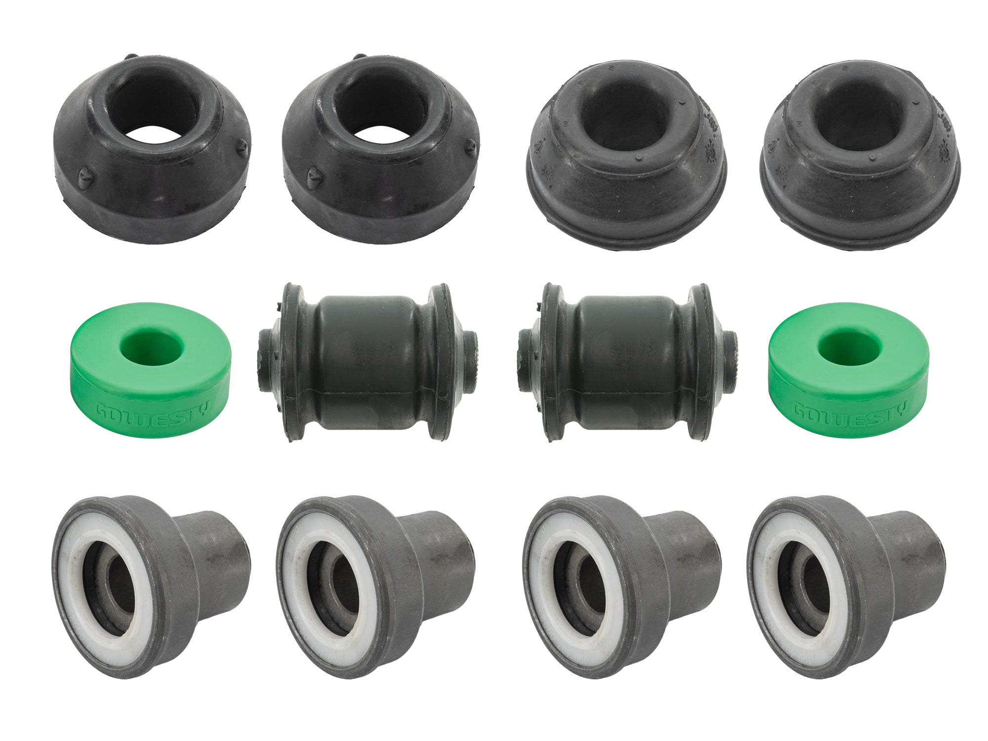 GoWesty Vanagon front suspension bushing set showing new replacement bushings for improved vehicle handling and stability.