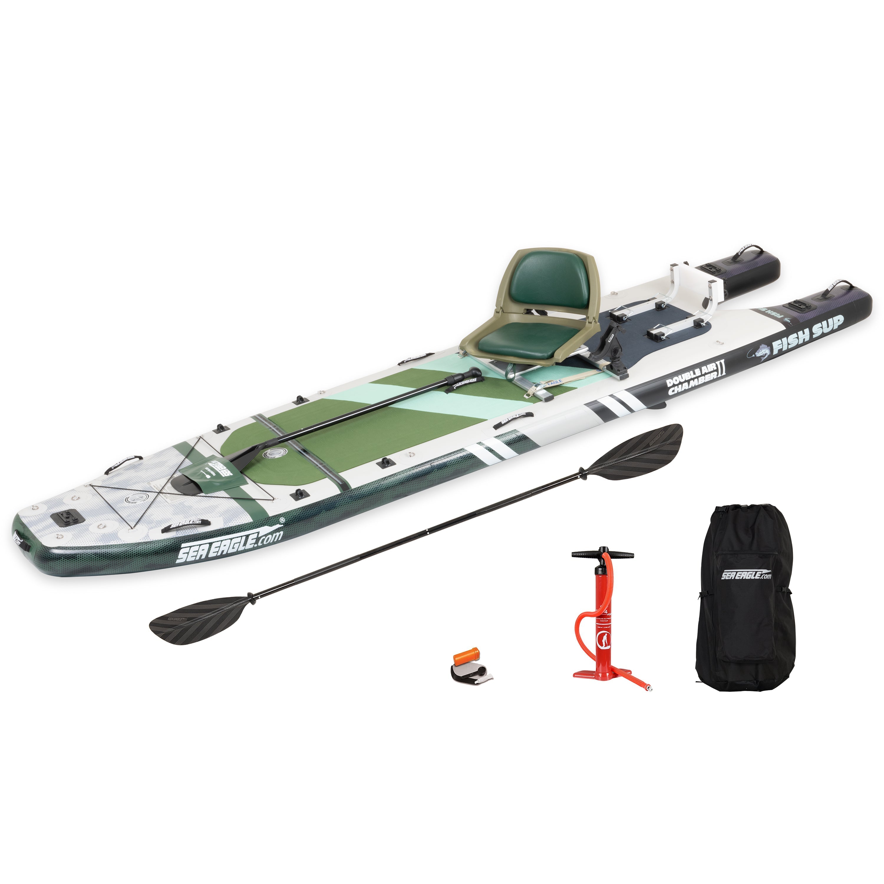 Backcountry Sportsman FS1210 FishSUP™ inflatable paddleboard with swivel seat fishing rig, shown on water ready for fishing.