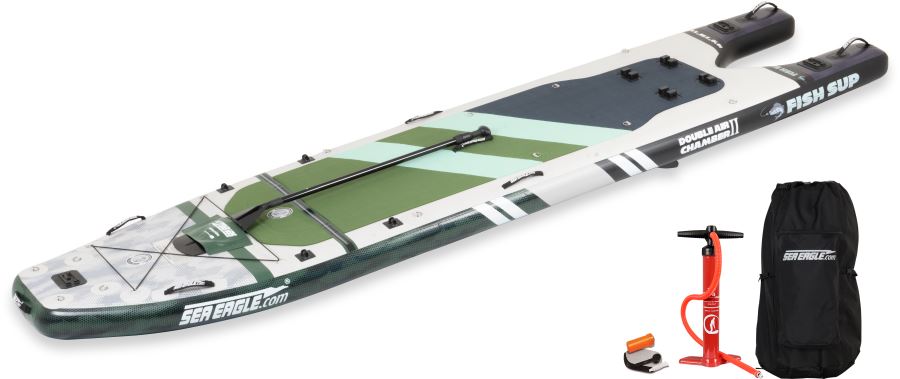 Backcountry Sportsman FishSUP inflatable fishing stand-up paddleboard with Watersnake motor package, showing the board on water with fishing gear.