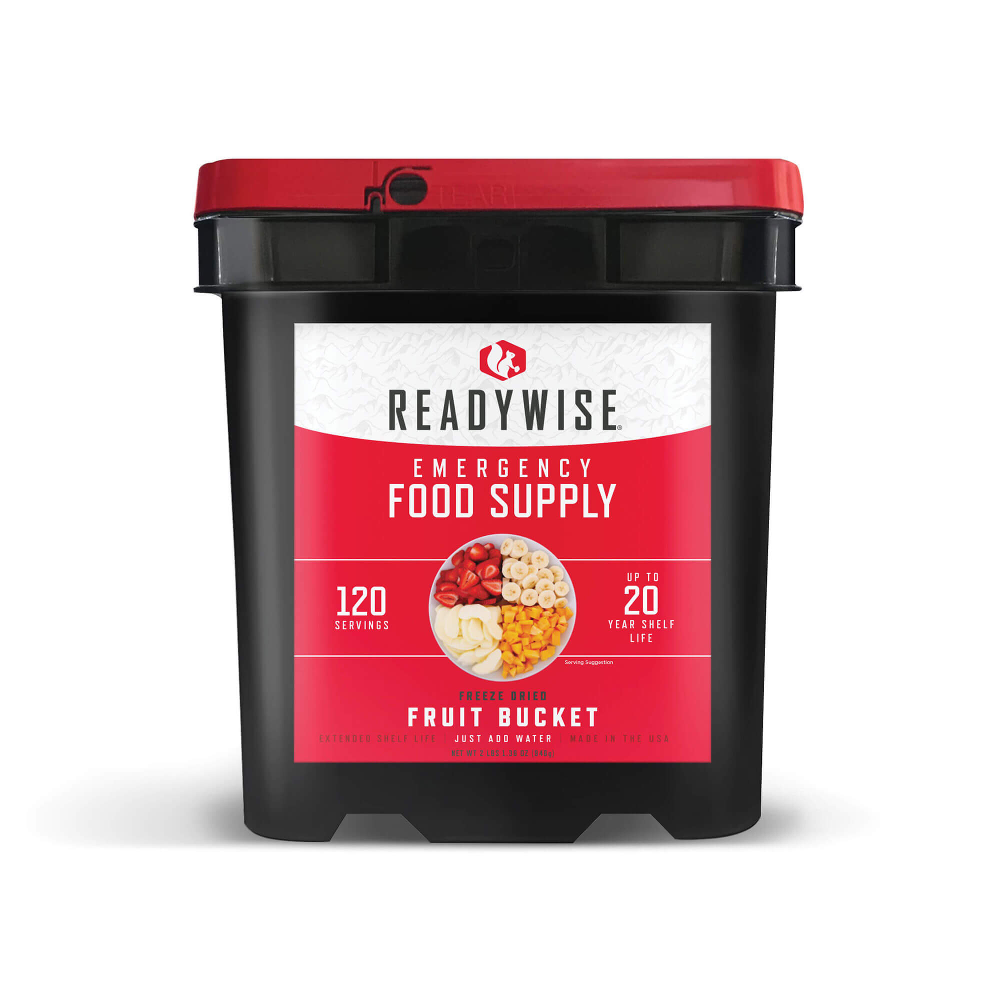 Freeze dried fruit bucket with 120 servings, featuring a variety of fresh fruit for long-lasting food and water storage.