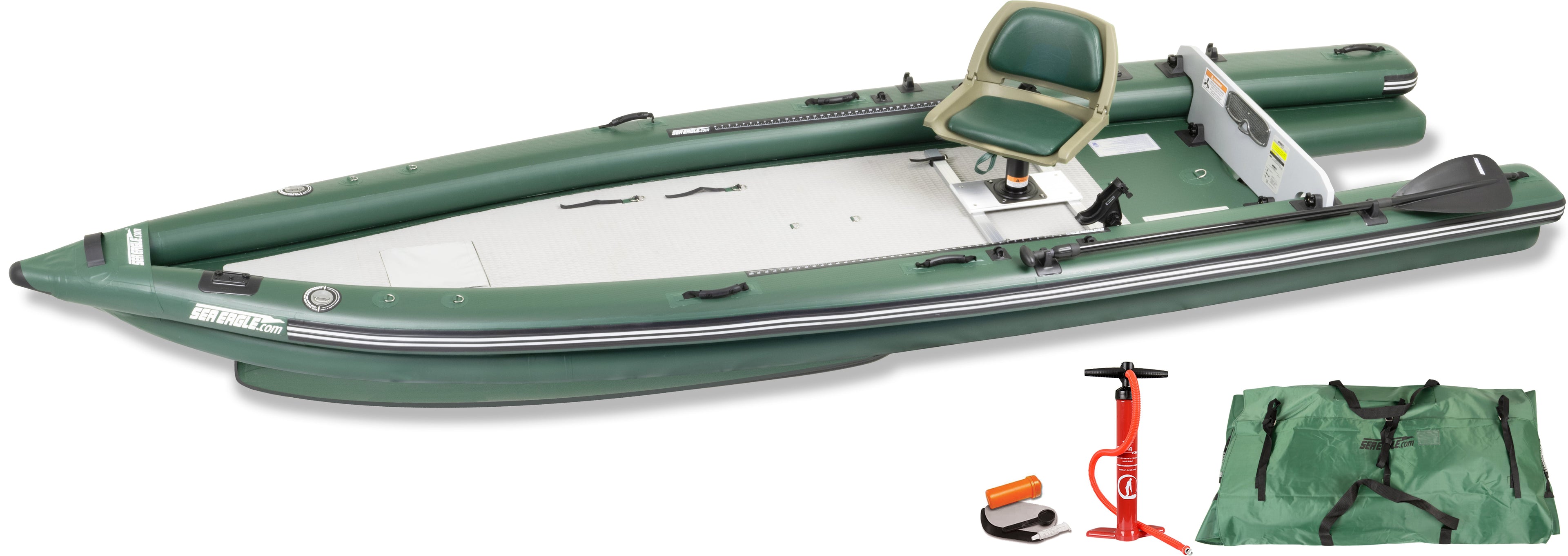 Backcountry Sportsman FSK16 FishSkiff inflatable fishing boat start-up package with paddle and accessories on a white background.