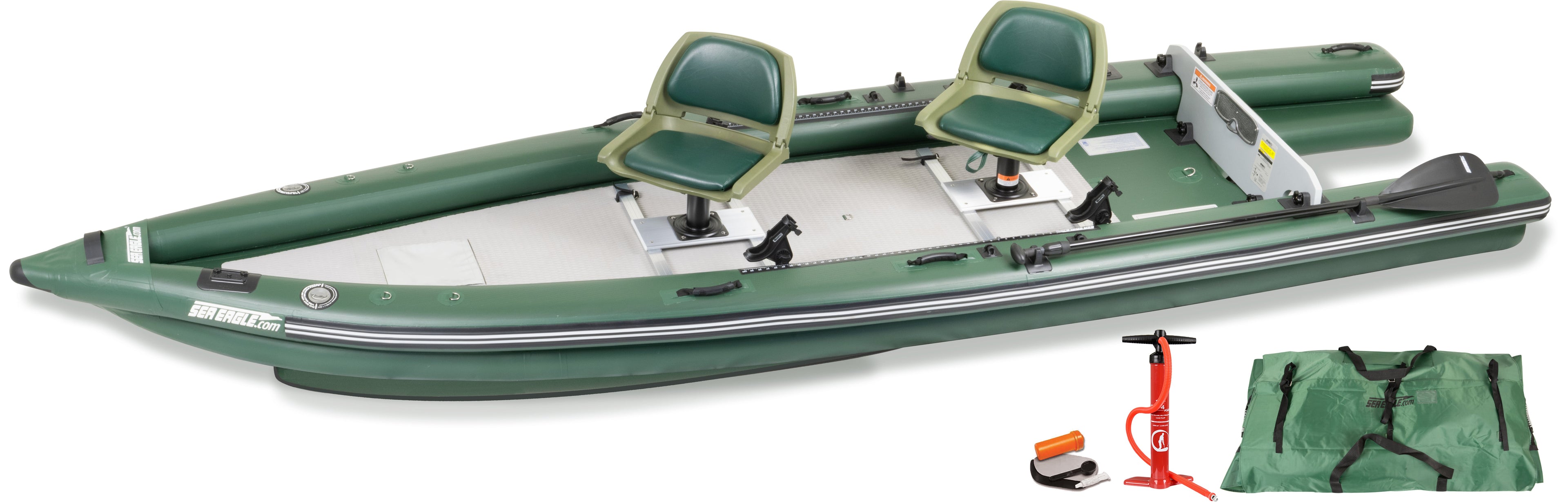 Inflatable FishSkiff™ fishing boat with two-person swivel seat, designed for outdoor fishing adventures by Backcountry Sportsman.