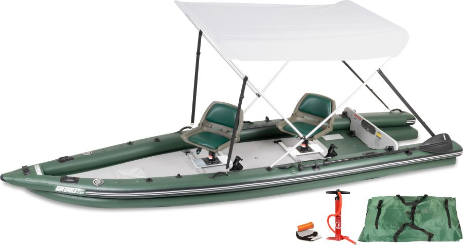 Inflatable FishSkiff™ fishing boat with two-person swivel seat and canopy by Backcountry Sportsman