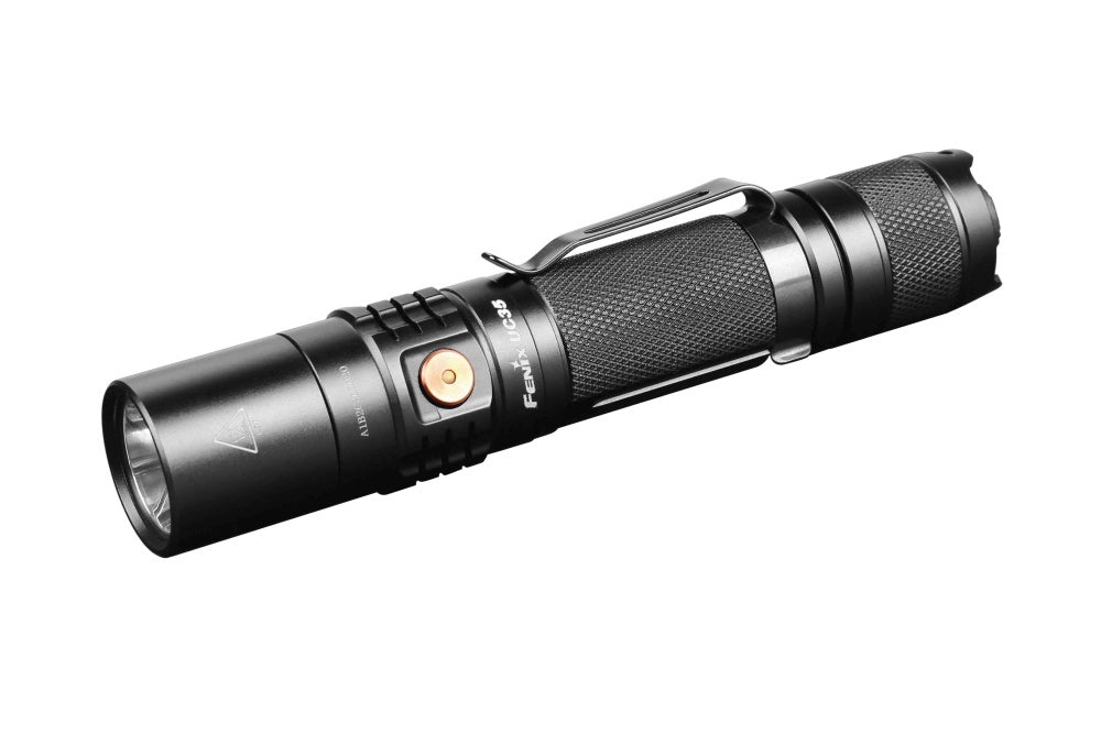 Fenix UC35 V2.0 LED rechargeable flashlight with compact design and bright beam, ideal for everyday carry.